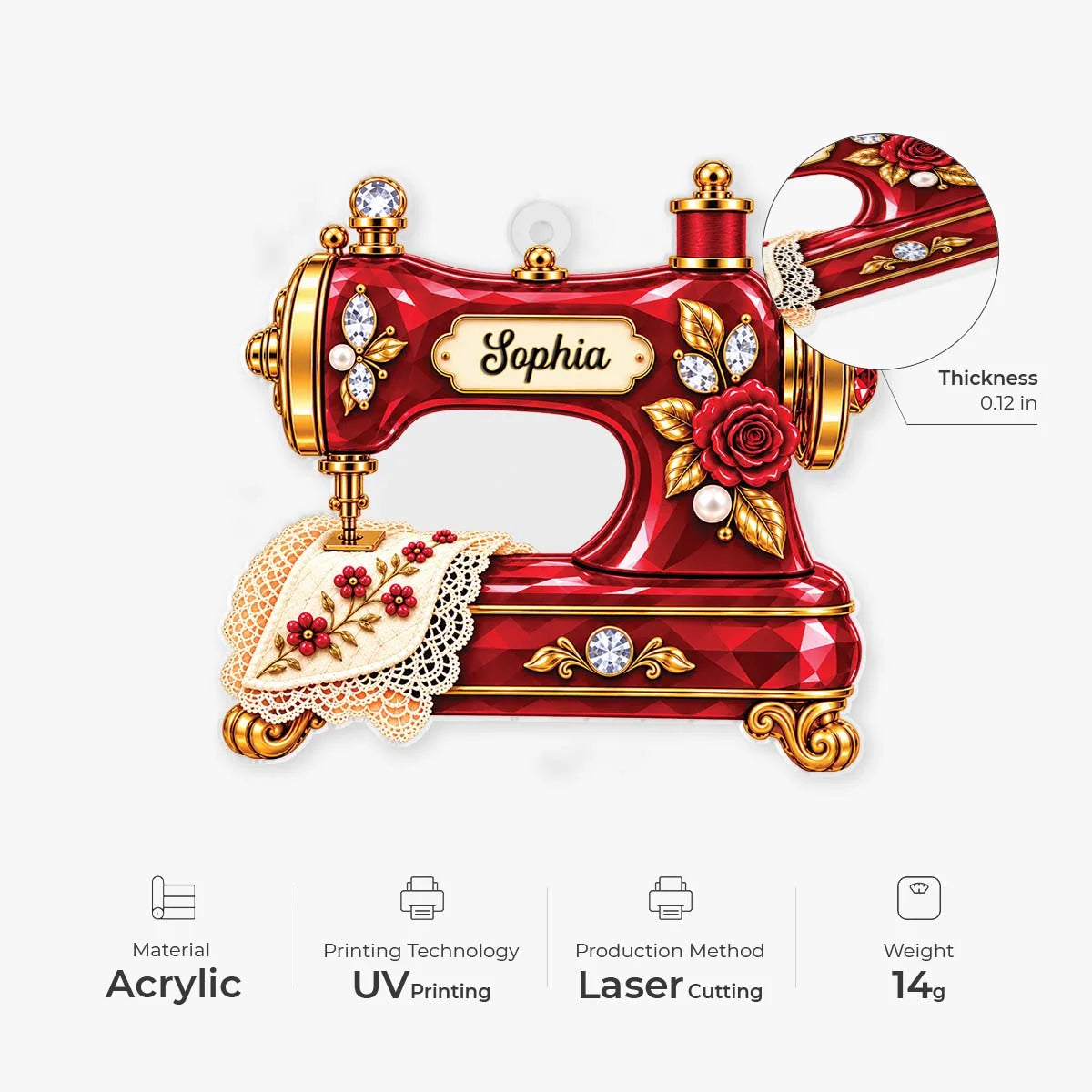 Vintage Style Personalized Sewing Machine Acrylic Ornament - Custom Gift for Quilters and Crafters