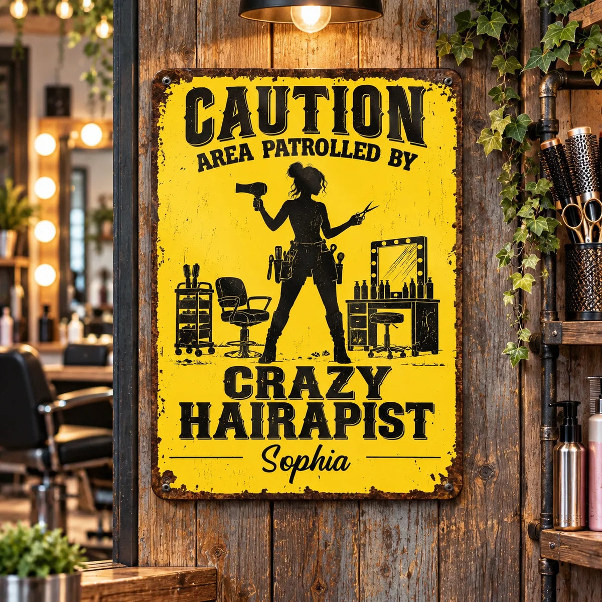 Caution Area Patrolled By Crazy Hairapist Personalized Metal Sign - Custom Hairdresser Salon Decor