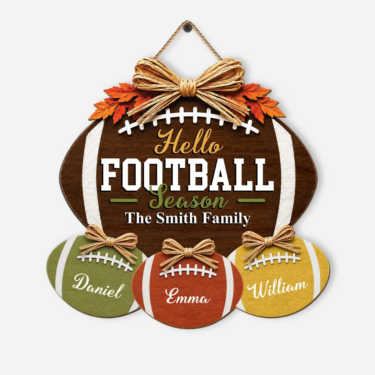 Hello Football Season Wood Sign - Personalized Family Name Door Hanger Decor