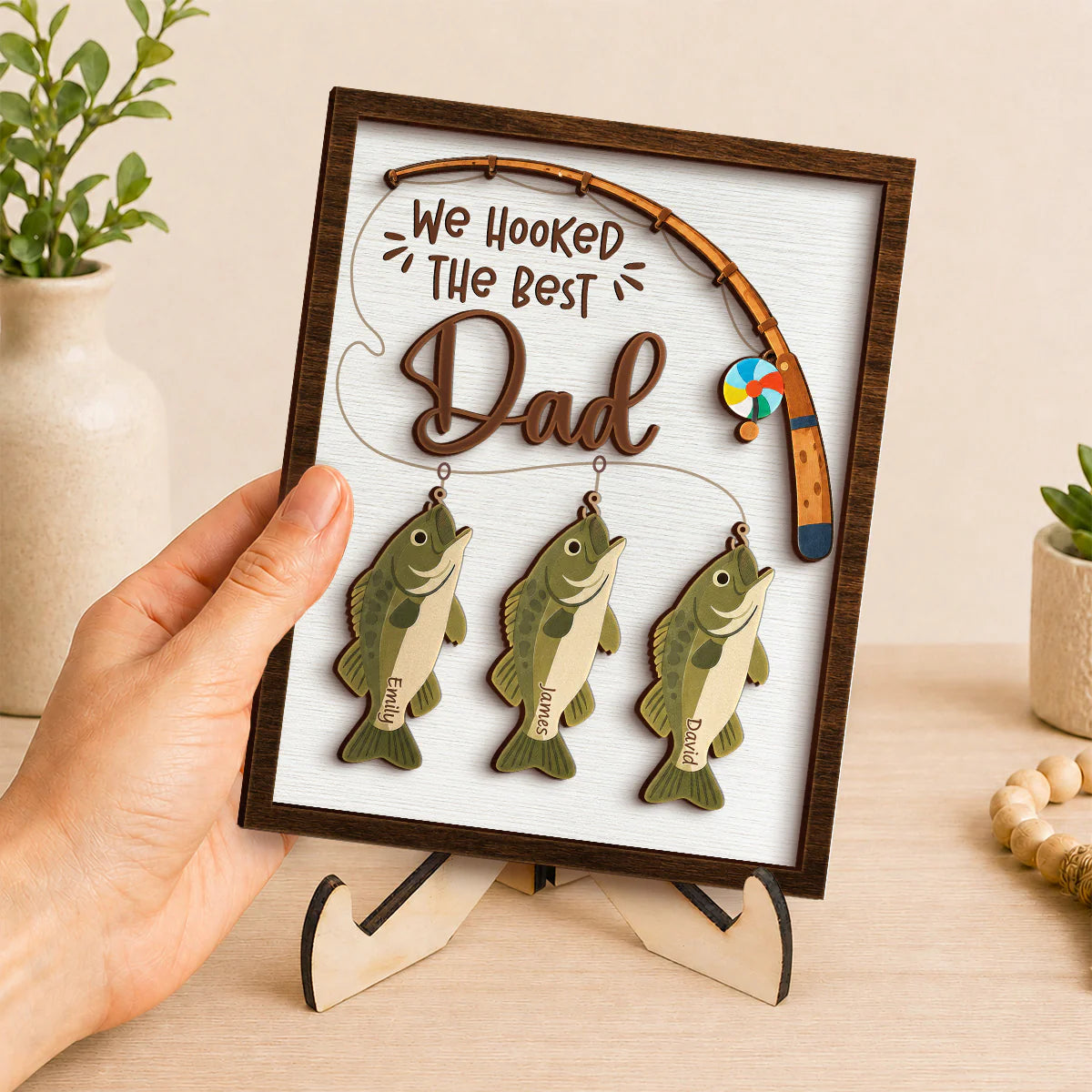 Personalized fishing plaque for dad with custom kids names on wooden bass fish tokens image 6