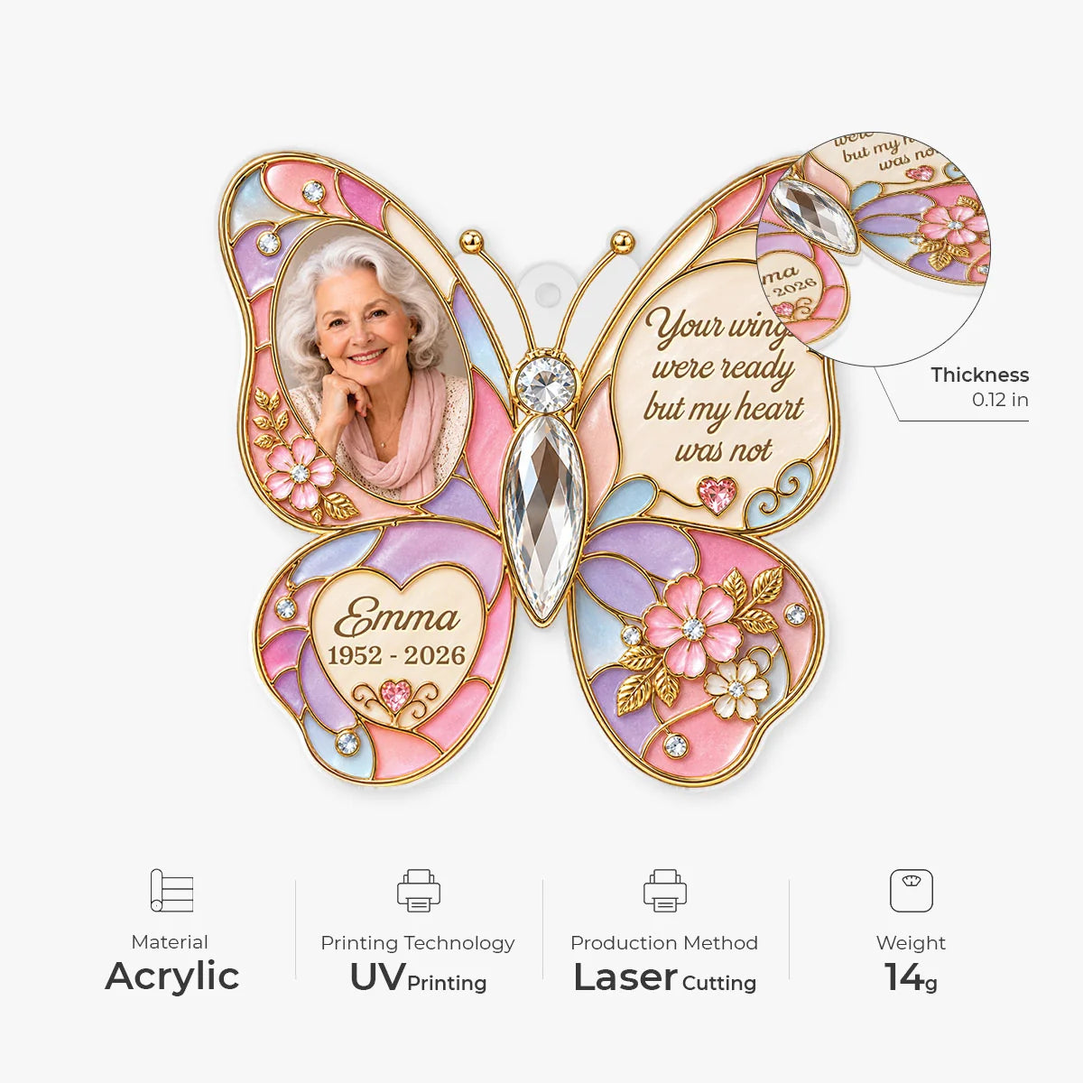 Your Wings Were Ready - Personalized Butterfly Memorial Photo Acrylic Ornament Gift