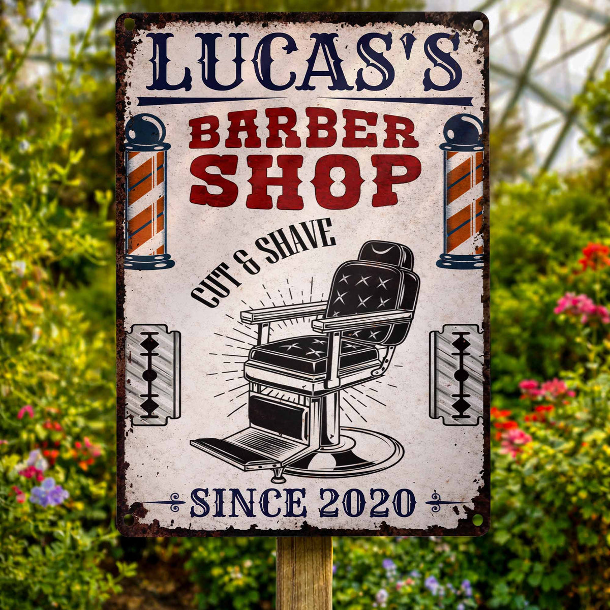 Custom Barber Shop Cut & Shave Metal Sign - Personalized Barber Chair Wall Decor for Men