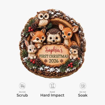 Baby’s First Christmas Custom Name Wooden Ornament - Personalized Woodland Animals Keepsake Gift for Baby