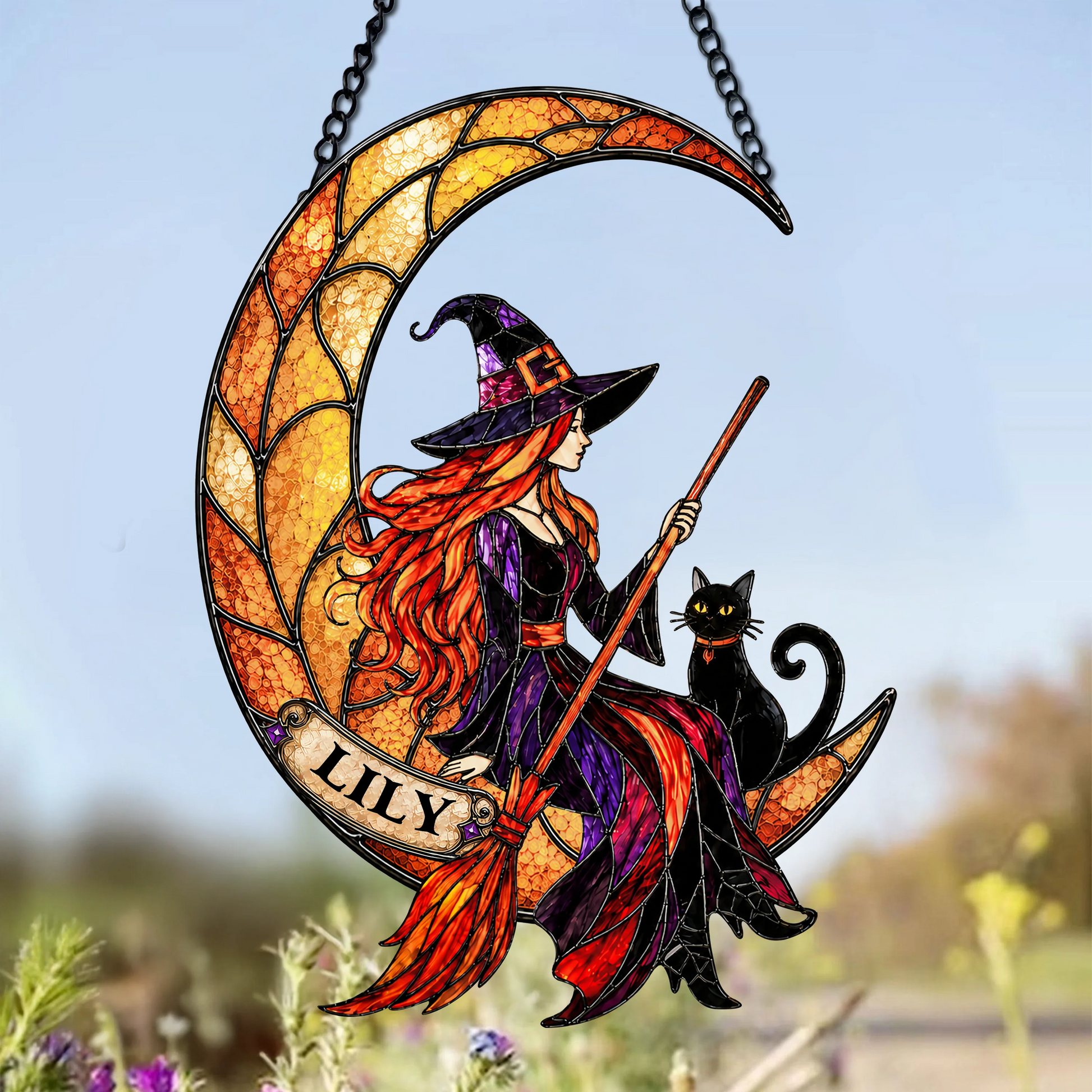 Personalized Witch and Black Cat Suncatcher Ornament - Custom Halloween Keepsake Decor
