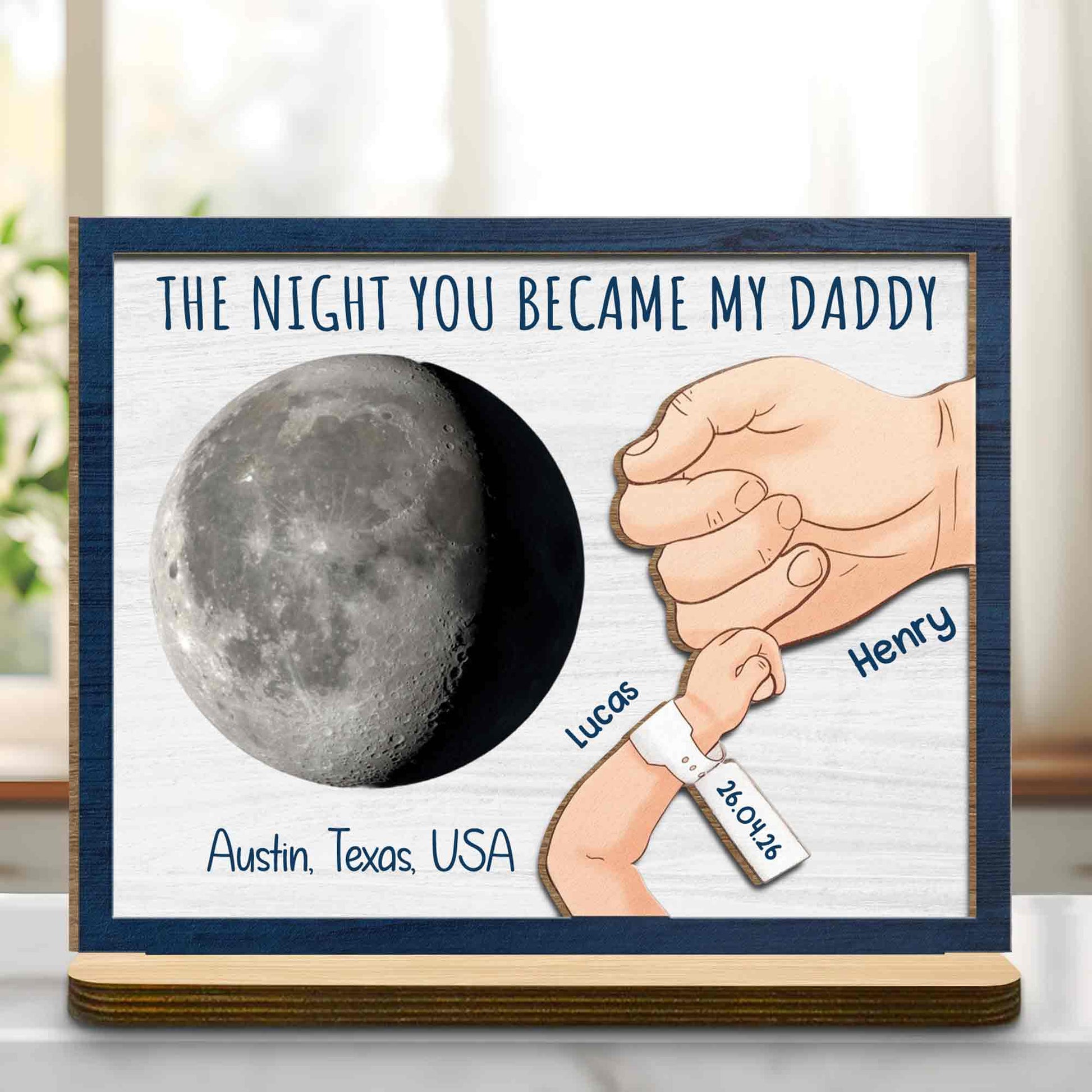 Personalized Father's Day wood plaque gift for dad featuring a custom moon and pinky promise hands design image 7