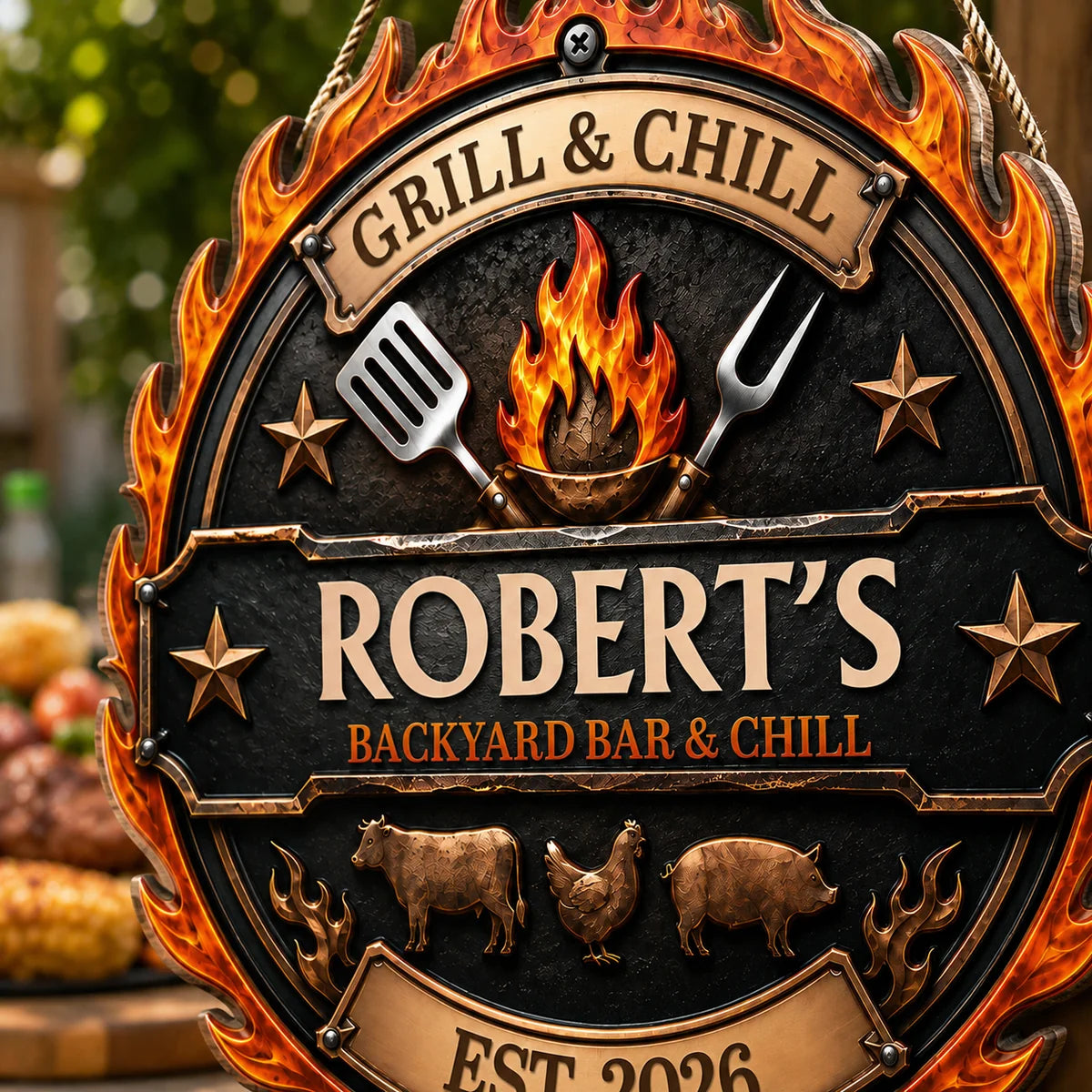 Grill & Chill Backyard Bar Personalized Wood Sign - Custom BBQ Decor Gift for Dad