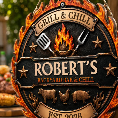 Grill & Chill Backyard Bar Personalized Wood Sign - Custom BBQ Decor Gift for Dad