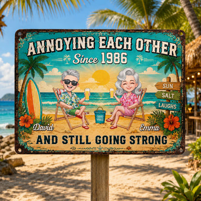 Personalized couple metal sign with funny beach scene illustration and custom names - unique gift for anniversary