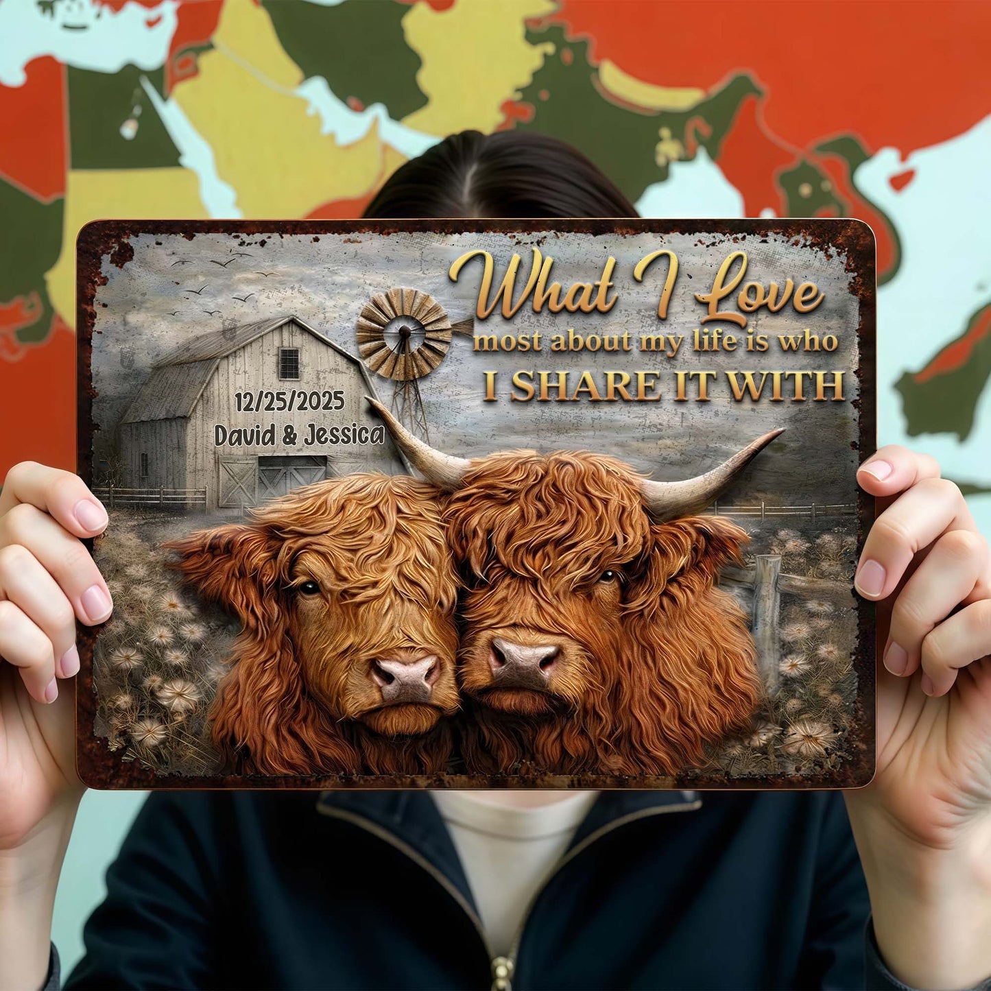 Custom Highland Cow Couples Metal Sign for Couples with personalized design details for meaningful gifting image 7