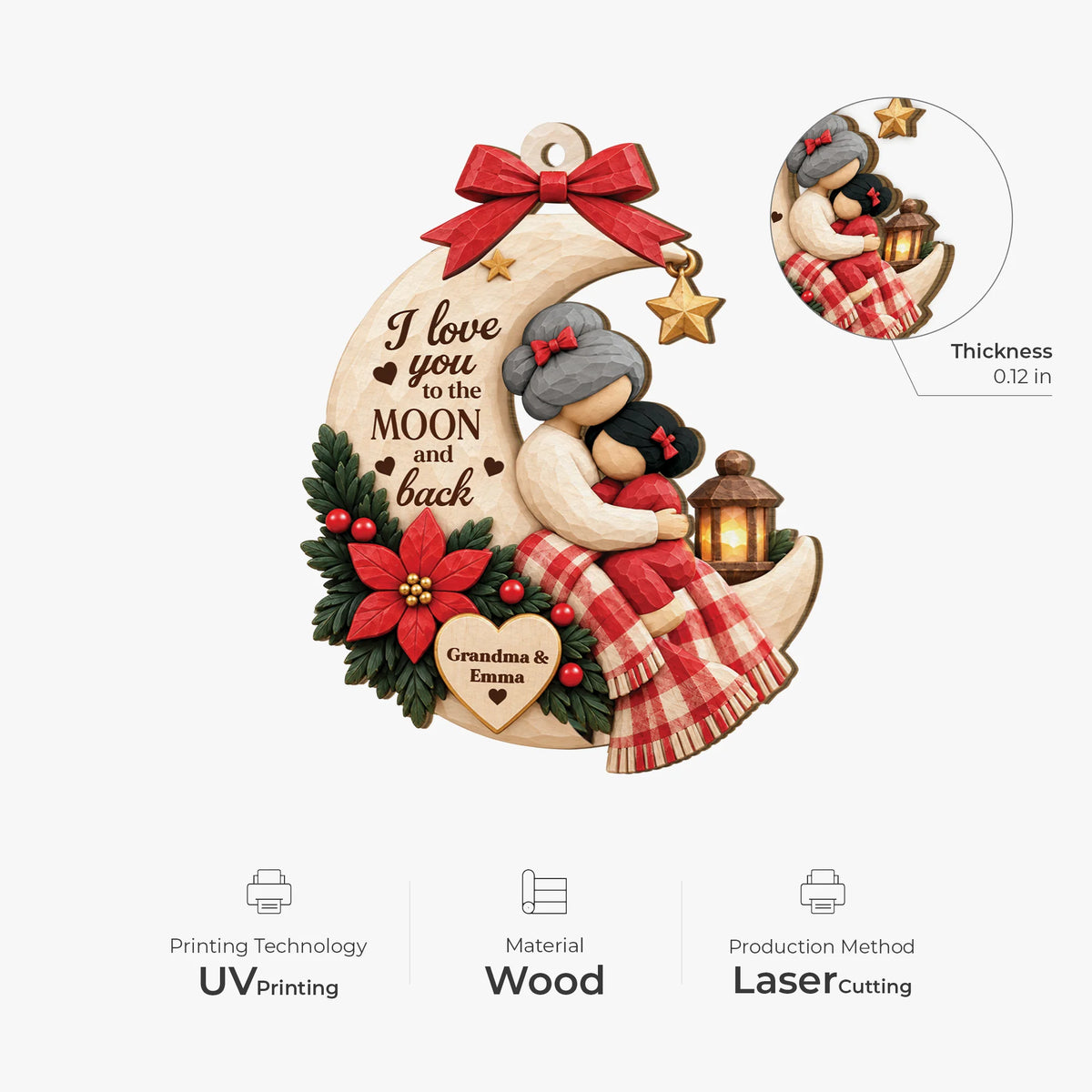 I Love You To The Moon And Back - Personalized Wooden Ornament for Grandma and Grandpa