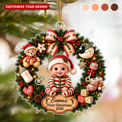 Baby’s First Christmas Wreath Personalized Acrylic Ornament - Custom Holiday Keepsake for Newborn