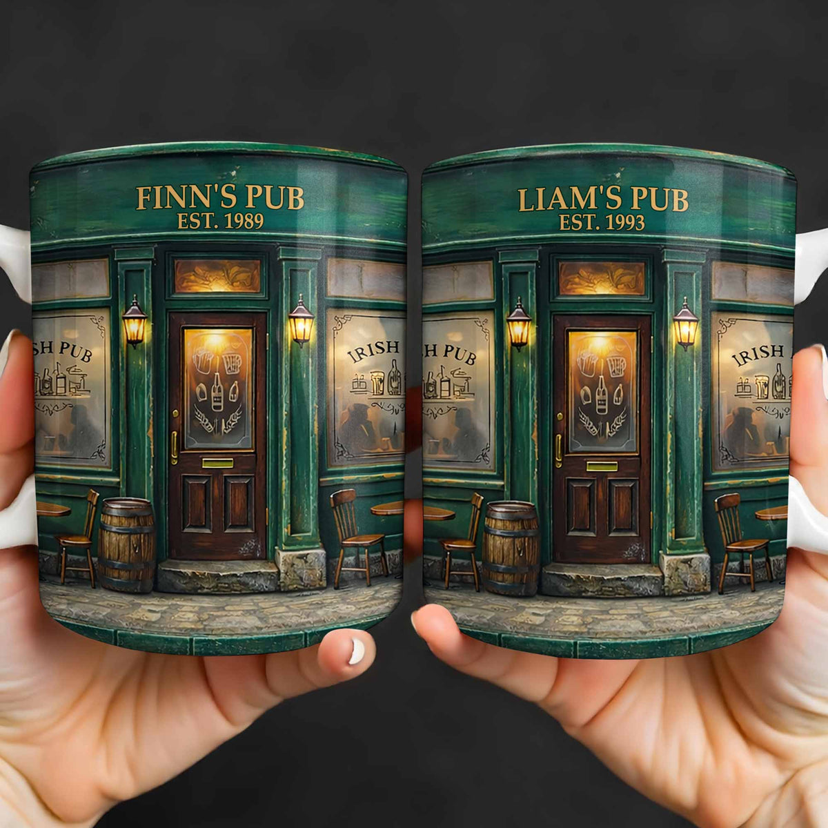 Our Pub Featuring Green Irish Pub Storefront With Barrel And Chairs