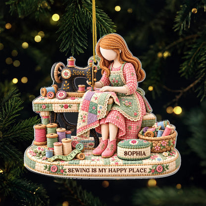 "Sewing Is My Happy Place" Personalized Sewing Ornament - Custom Craft Keepsake for Mom & Quilting Lovers