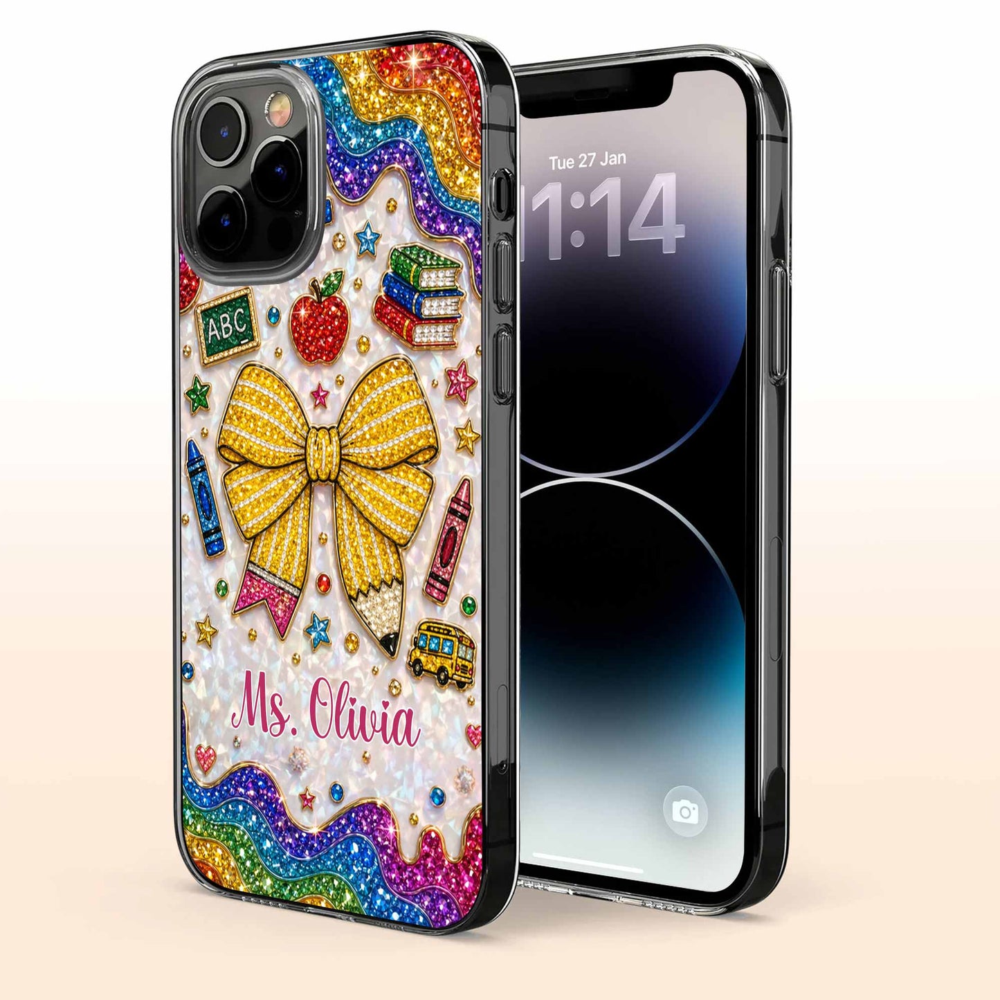 Personalized teacher clear phone case with custom name, glittery pencil bow, and apple print design image 7