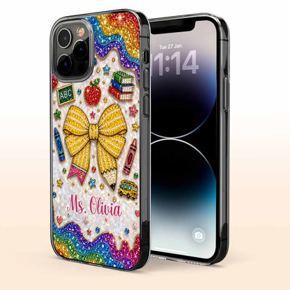 Personalized teacher clear phone case with custom name, glittery pencil bow, and apple print design image 7