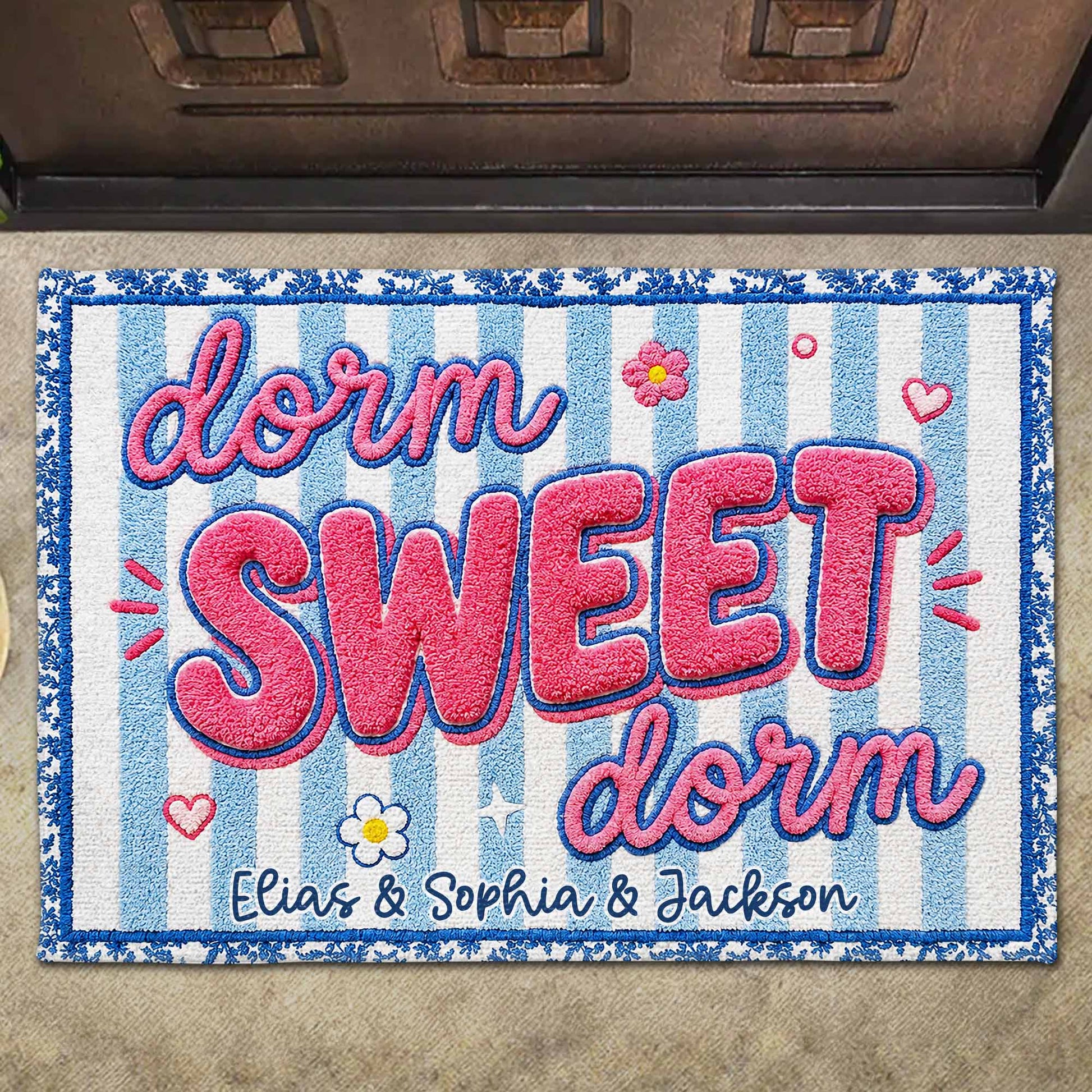 Personalized dorm sweet dorm doormat with colorful stripes and custom roommate names for college decor image 6