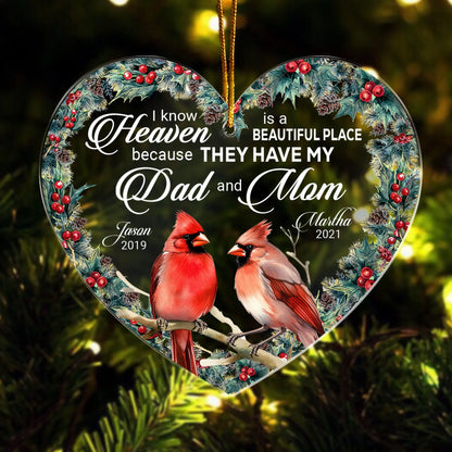 "I Know Heaven Is A Beautiful Place" Personalized Acrylic Ornament - Custom Cardinal Memorial Keepsake for Family