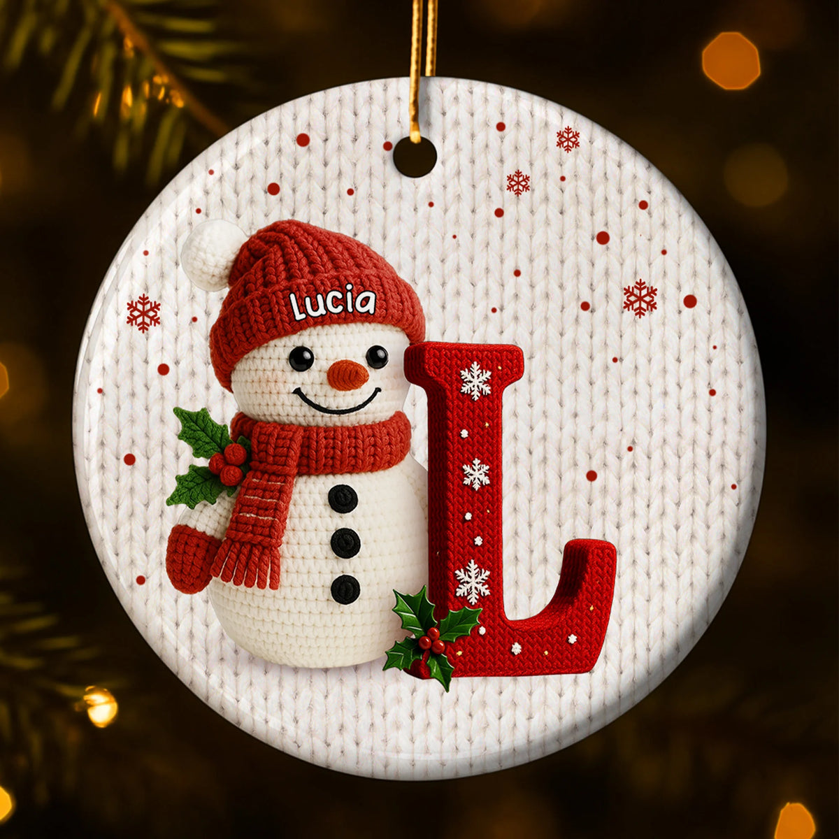 Personalized Snowman Ornament, Holly And Snowflakes