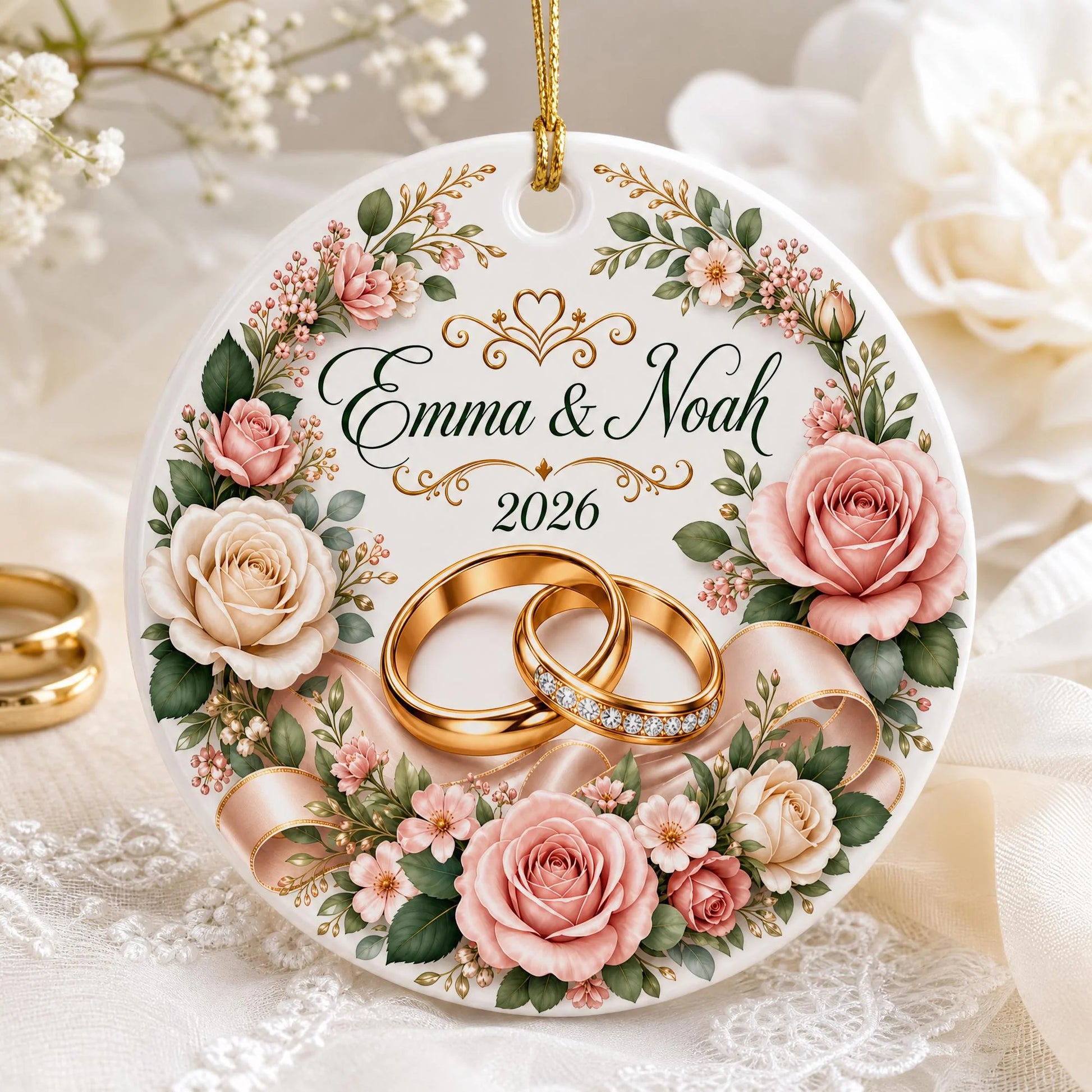 Custom Wedding Ceramic Ornament for Couples with personalized design details for meaningful gifting