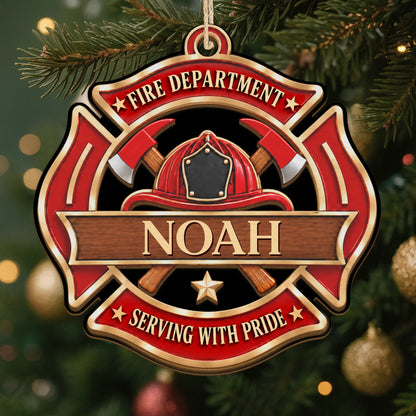 Serving With Pride Personalized Firefighter Wooden Ornament - Custom Fire Department Christmas Keepsake for Dad Husband