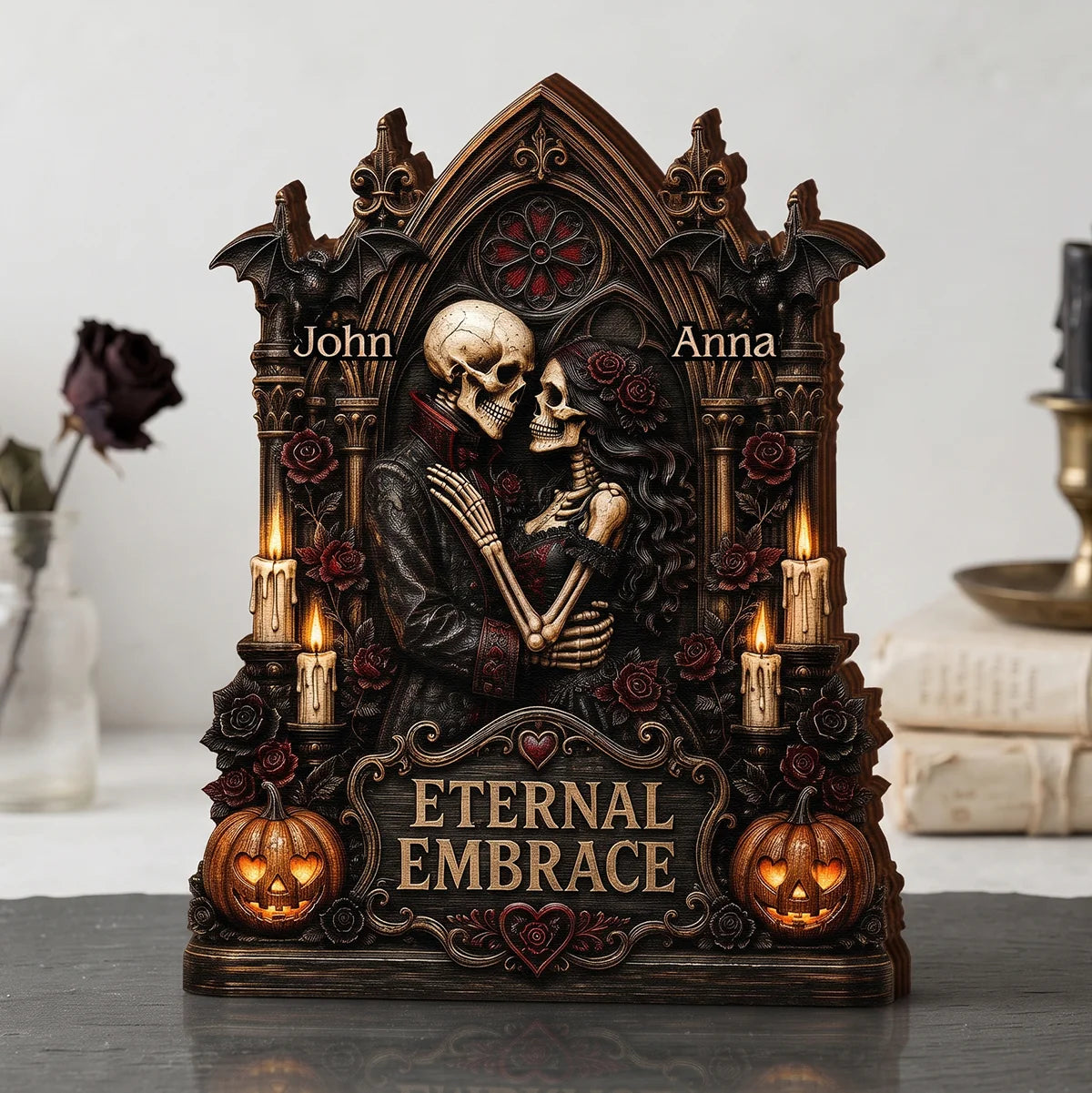 Eternal Embrace Custom Skeleton Couple Wooden Block - Personalized Gothic Anniversary Gift for Husband or Wife