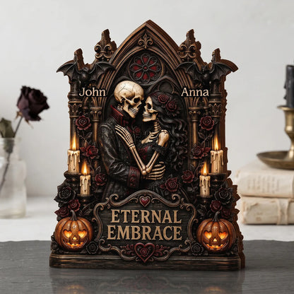 Eternal Embrace Custom Skeleton Couple Wooden Block - Personalized Gothic Anniversary Gift for Husband or Wife