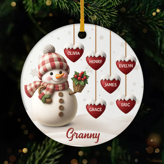 Personalized Snowman Ceramic Ornament - Custom Grandkids Names Christmas Keepsake for Grandma & Grandpa