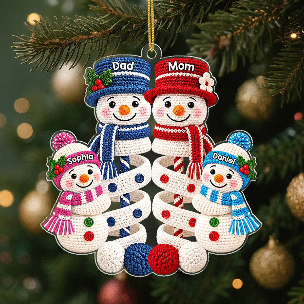 Snowman Family Knit Pattern Personalized Acrylic Ornament - Christmas Gift for Mom and Dad