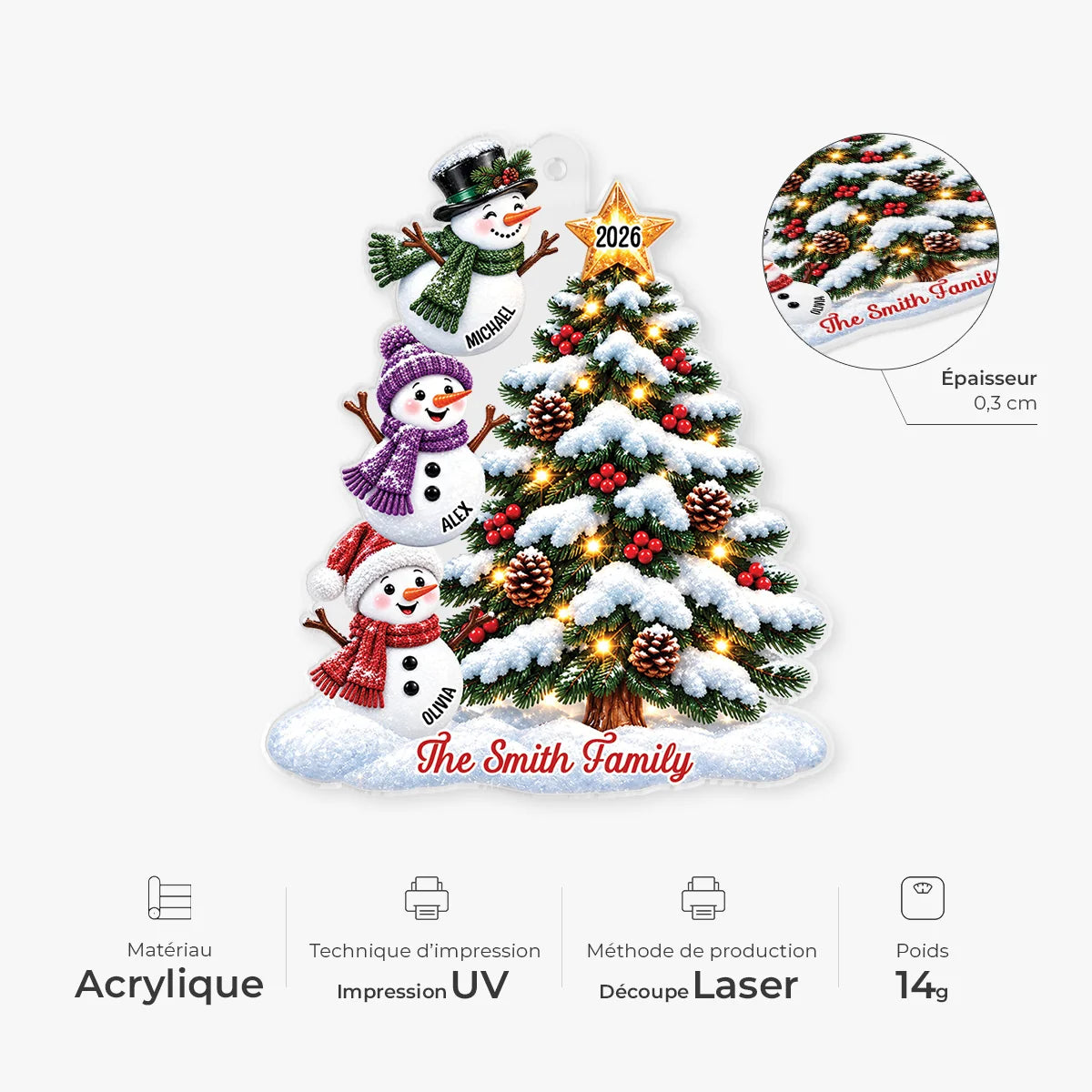 Snowman Family Tree Personalized Christmas Acrylic Ornament - Keepsake Gift for Family