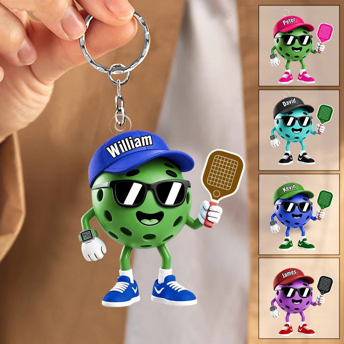 Personalized Pickleball Player Keychain - Custom Cartoon Pickleball Lover Bag Tag Gift