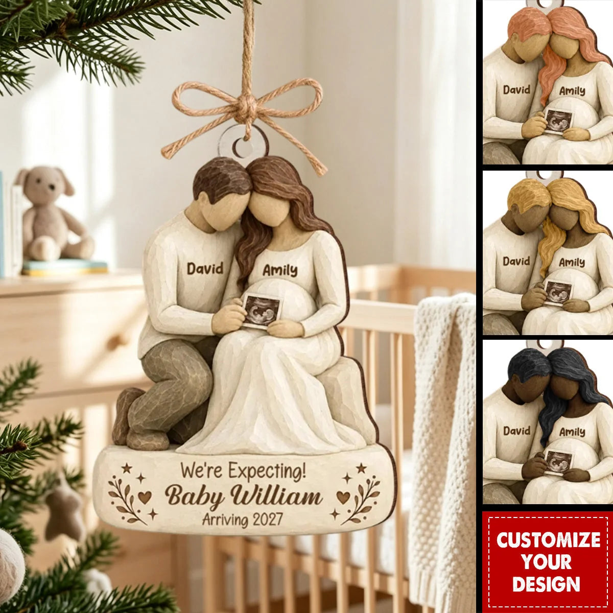 Personalized We’re Expecting Baby Arriving Wooden Ornament Custom Name - Gift for Expectant Parents
