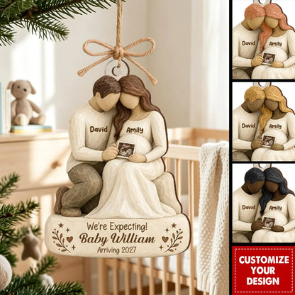Personalized We’re Expecting Baby Arriving Wooden Ornament Custom Name - Gift for Expectant Parents