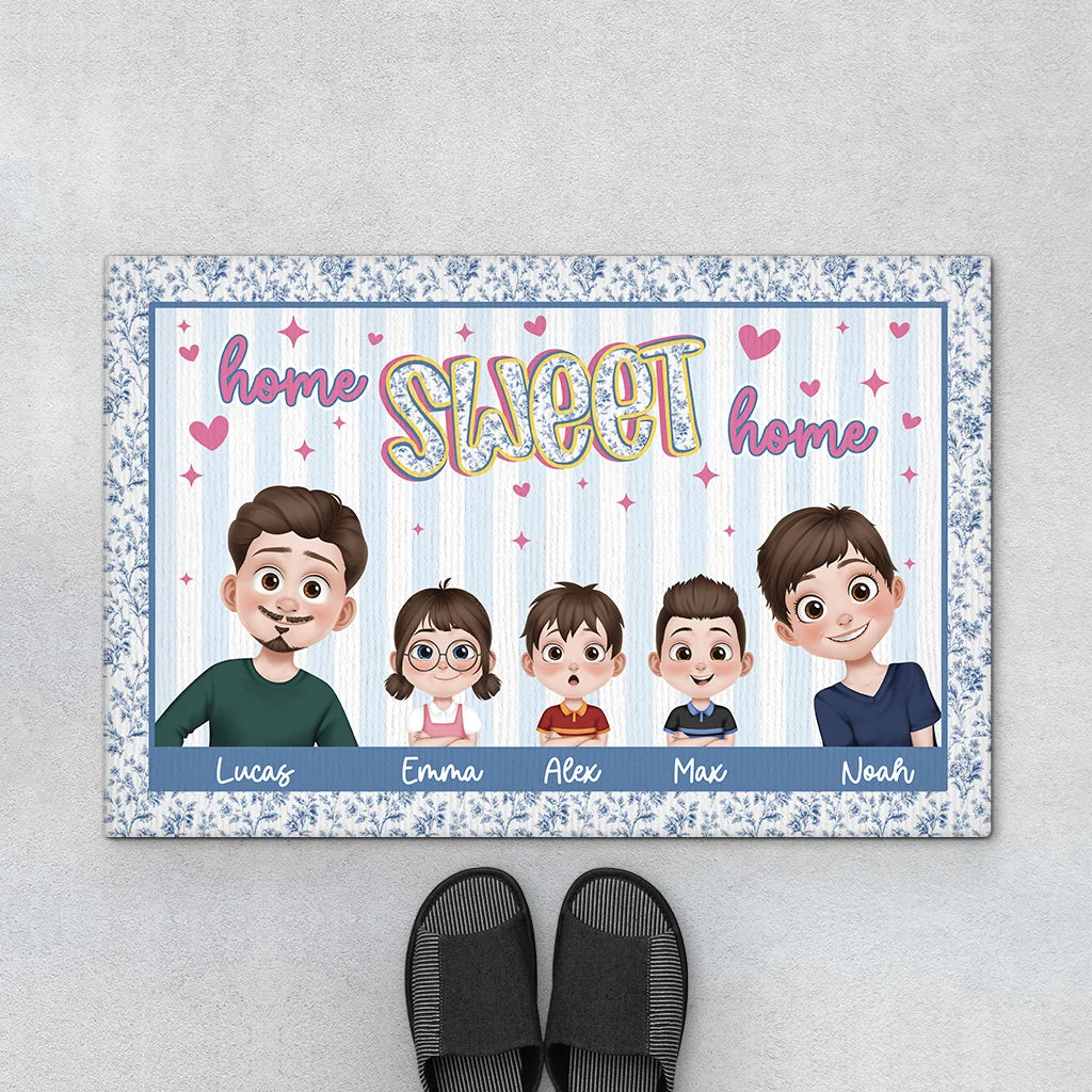 "Home Sweet Home" Personalized Family Chibi Doormat - Housewarming Gift for New Homeowners