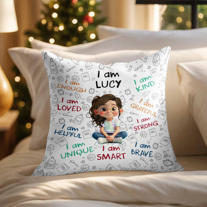 I Am Enough Loved Brave Custom Kids Affirmation Pillow - Personalized Gift for Girls