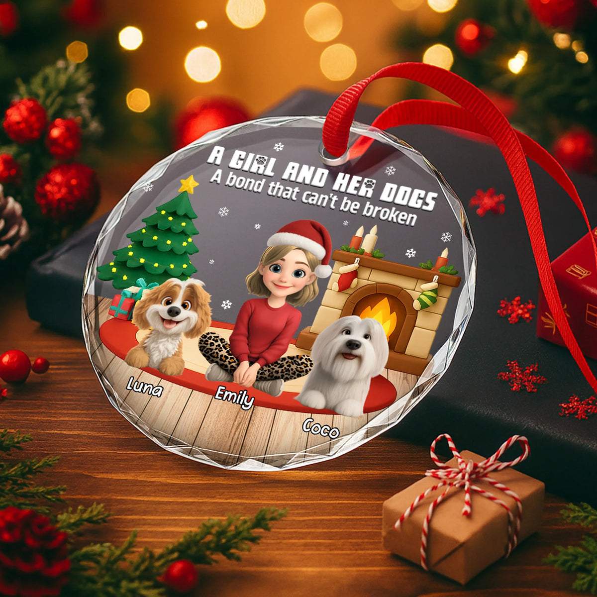 A Girl And Her Dogs Personalized Glass Ornament - Dog Lovers Christmas Tree Keepsake
