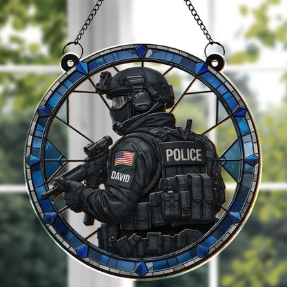 Personalized police officer suncatcher featuring custom name and tactical gear design for family decoration