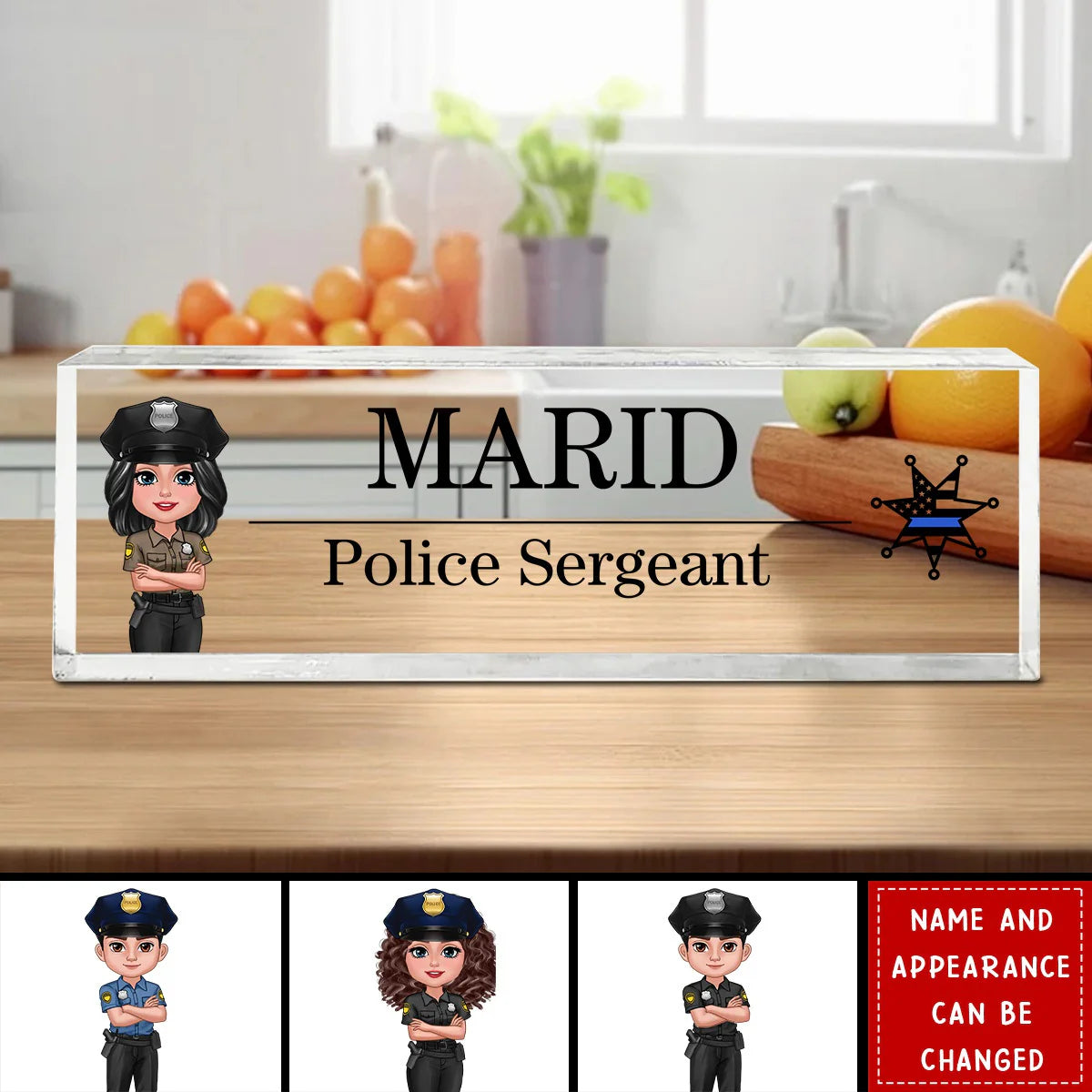 Custom police desk name plate acrylic plaque with cartoon law enforcement avatar and thin blue line shield for office decor