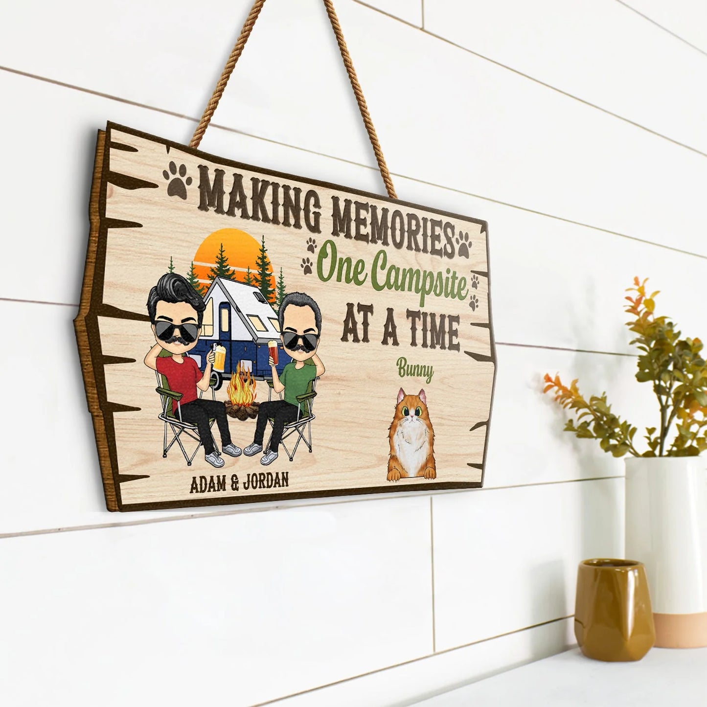 Welcome To Our Campsite Protected By Pets - Personalized Wood Sign for Camping Couples & Pet Lovers