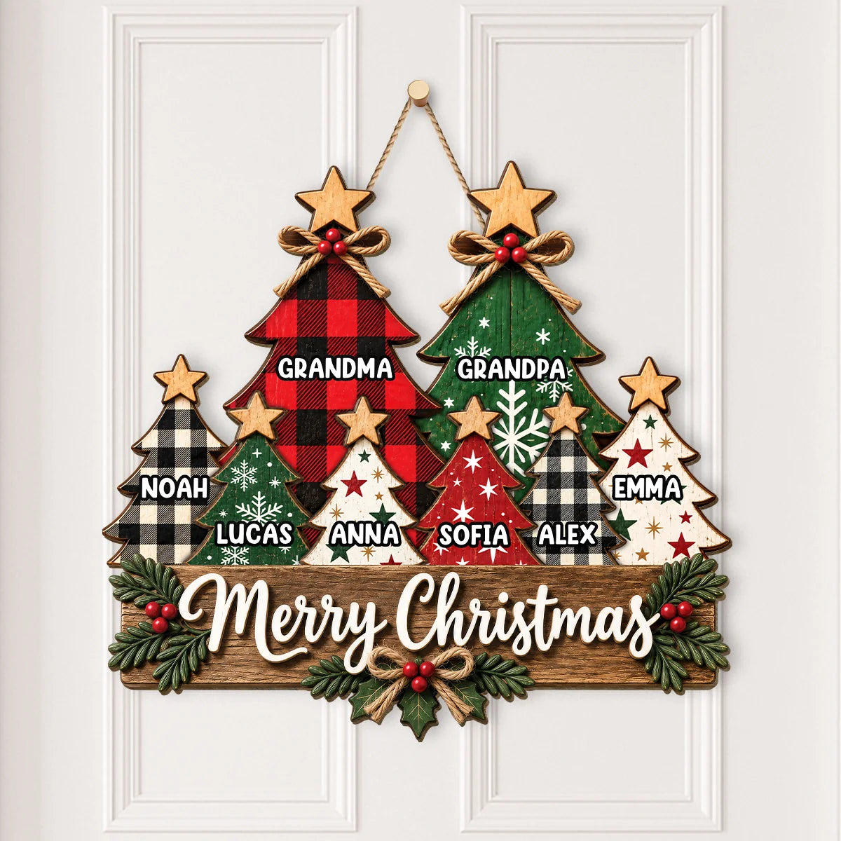 Merry Christmas Personalized Tree Wood Sign - Grandma Grandpa Custom Grandkids Gift