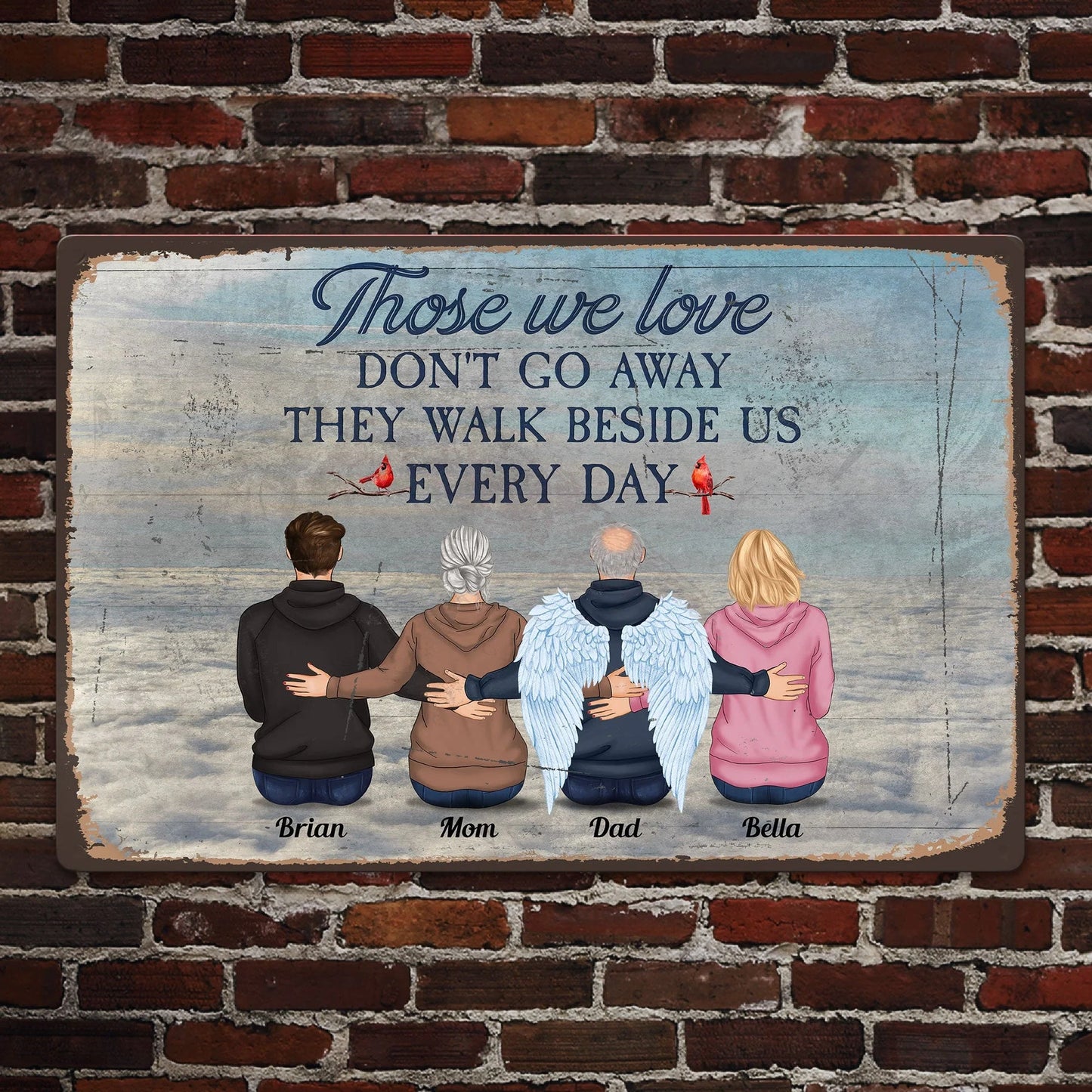 Personalized memorial metal sign featuring family illustration with angel wings for remembrance gift