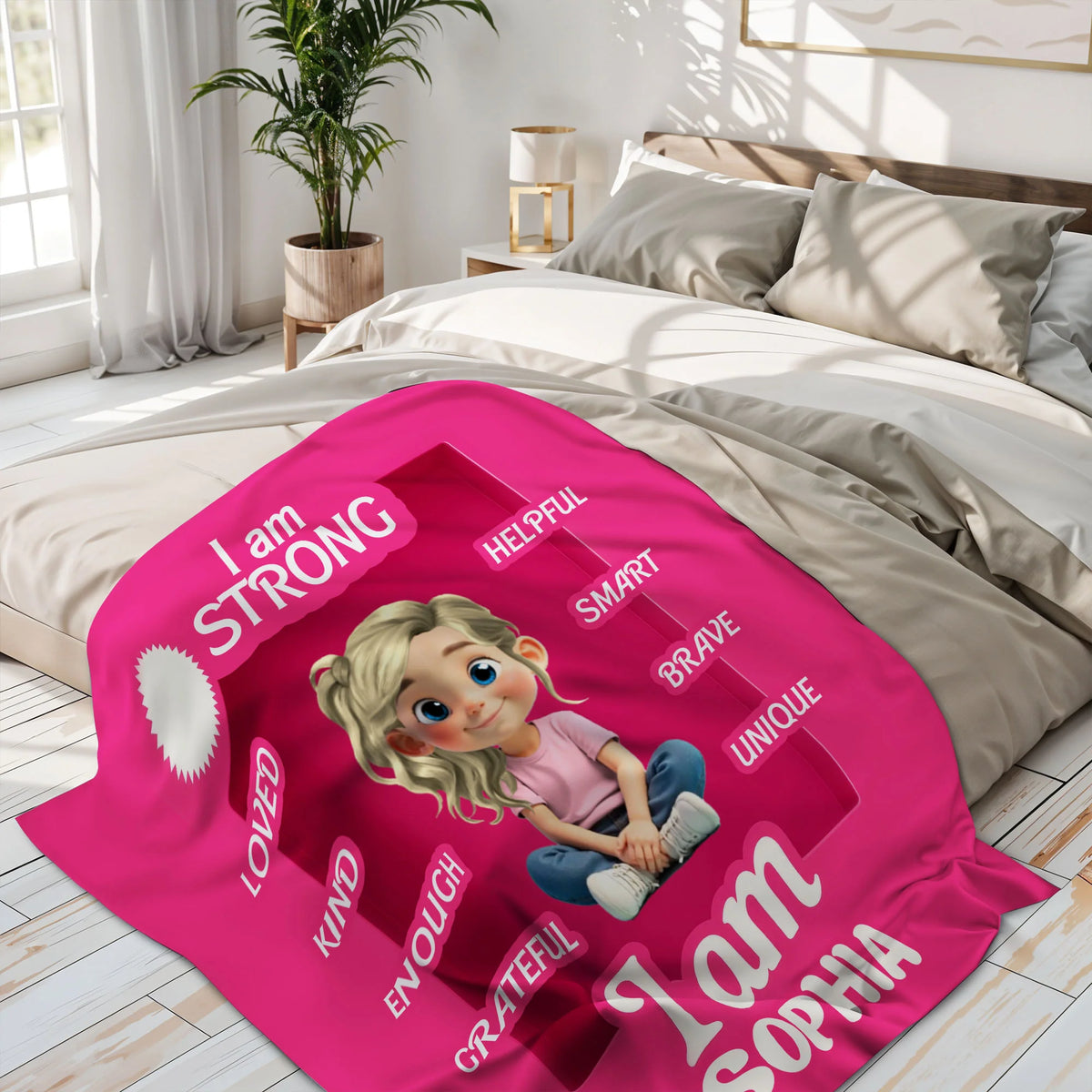 I Am Strong, Loved, Helpful, Unique Animated Girl Blanket