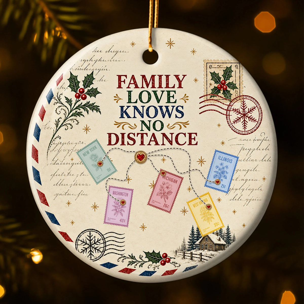 "Family Love Knows No Distance" Personalized Ceramic Ornament - Long Distance Christmas Keepsake Gift for Family