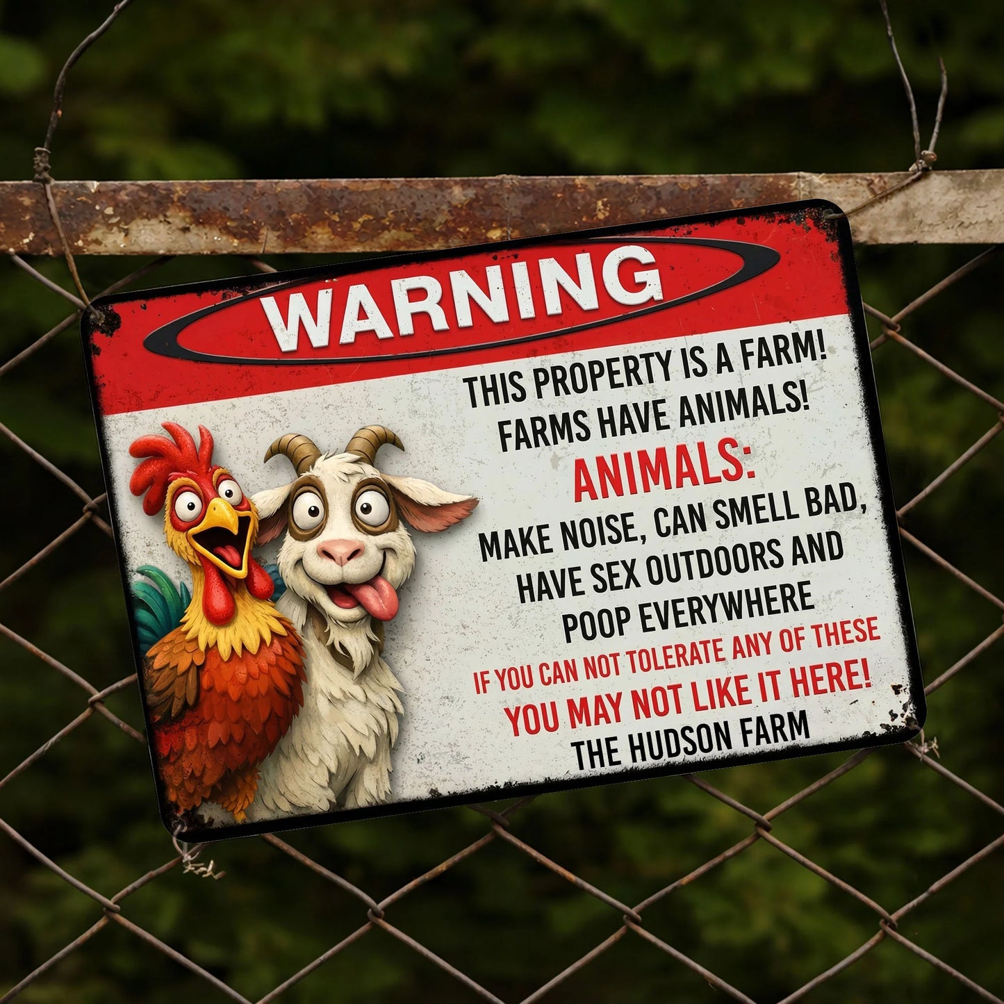 Personalized metal sign with a funny warning about farm animals, a cartoon rooster, and a goat on a wooden fence. image 6