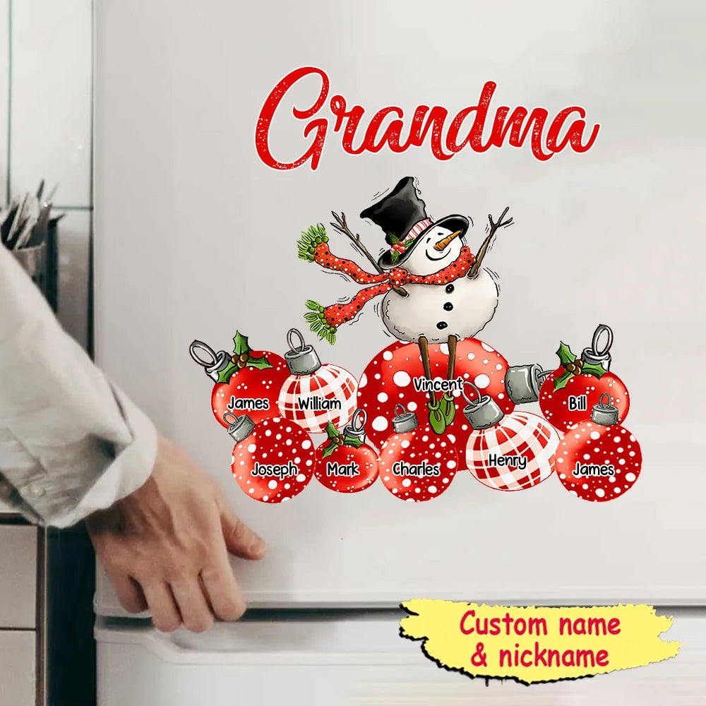 Personalized Snowman with Christmas Balls Decal Sticker Custom Name - Holiday Decor Gift for Grandma