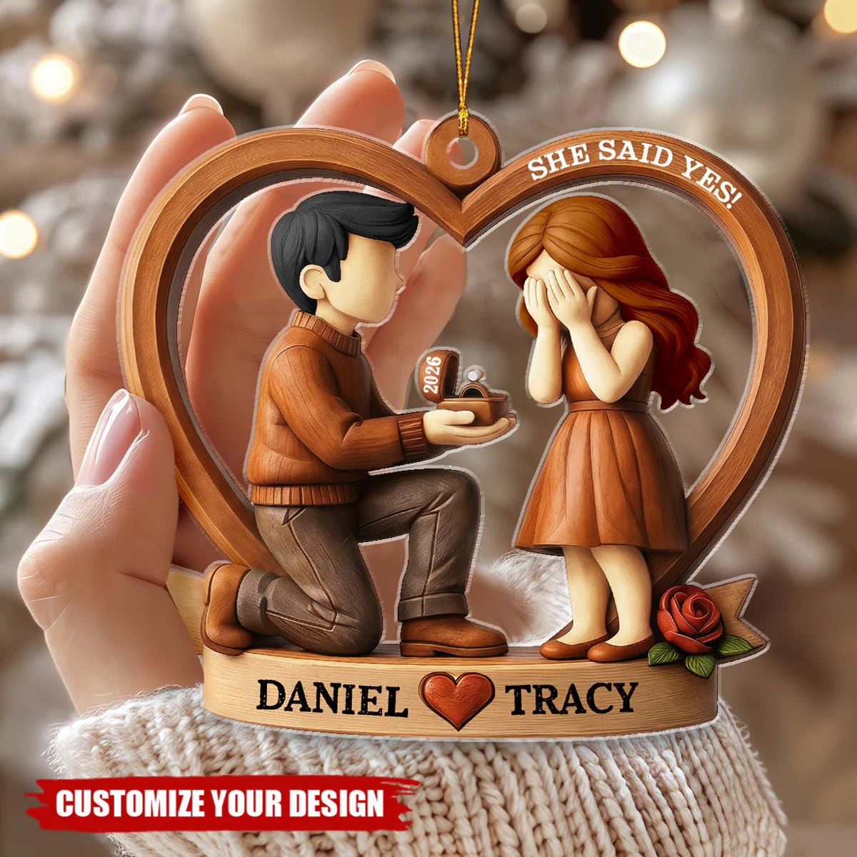 Personalized proposal acrylic ornament featuring a custom couple and She Said Yes text for Christmas tree decor