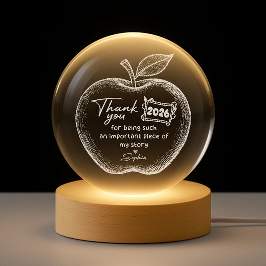 Personalized teacher appreciation crystal ball lamp with custom name and apple design engraving on a wooden LED base