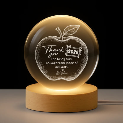 Personalized teacher appreciation crystal ball lamp with custom name and apple design engraving on a wooden LED base