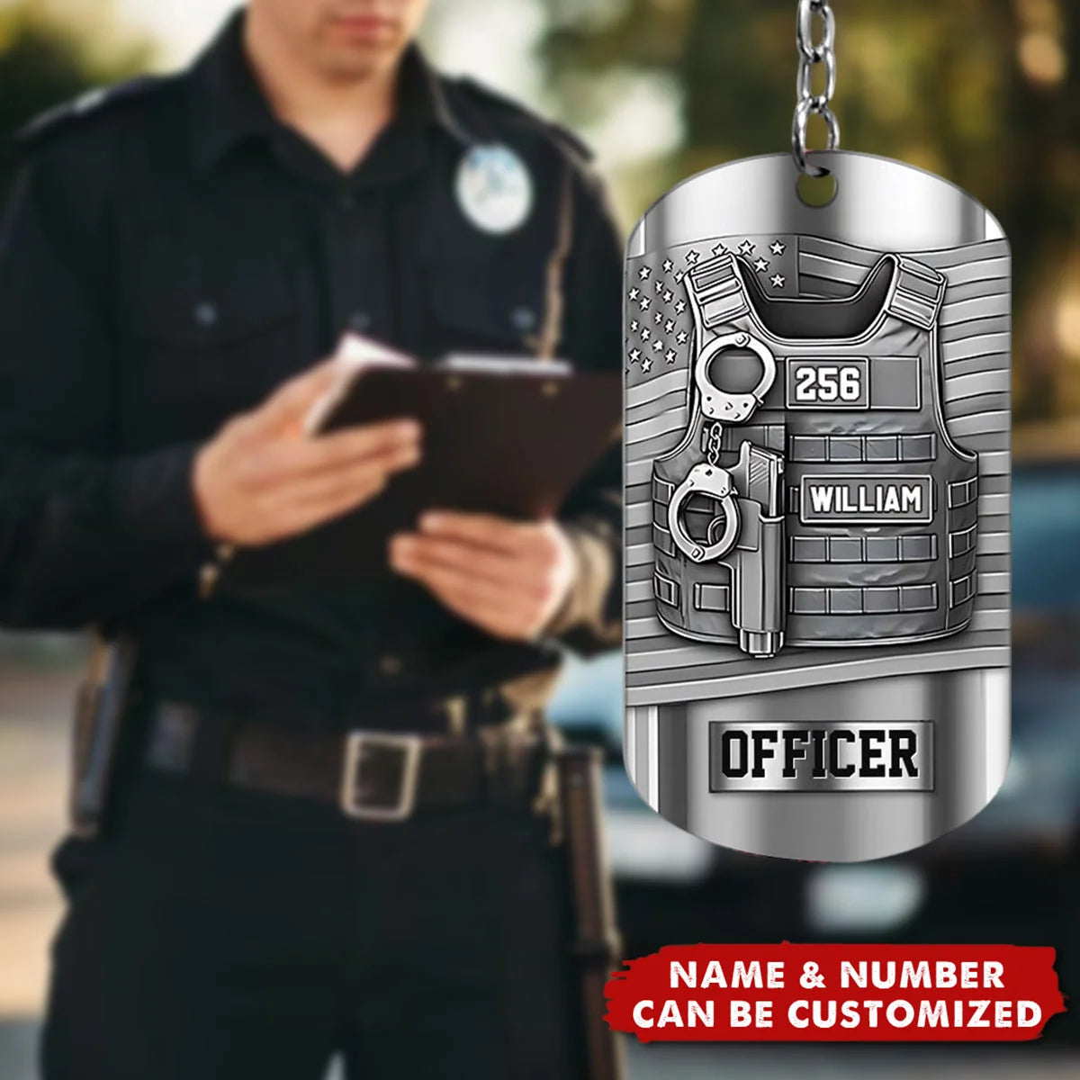 Serve And Protect Personalized Police Officer Metal Keychain - Custom Name Badge Number Keepsake Gift