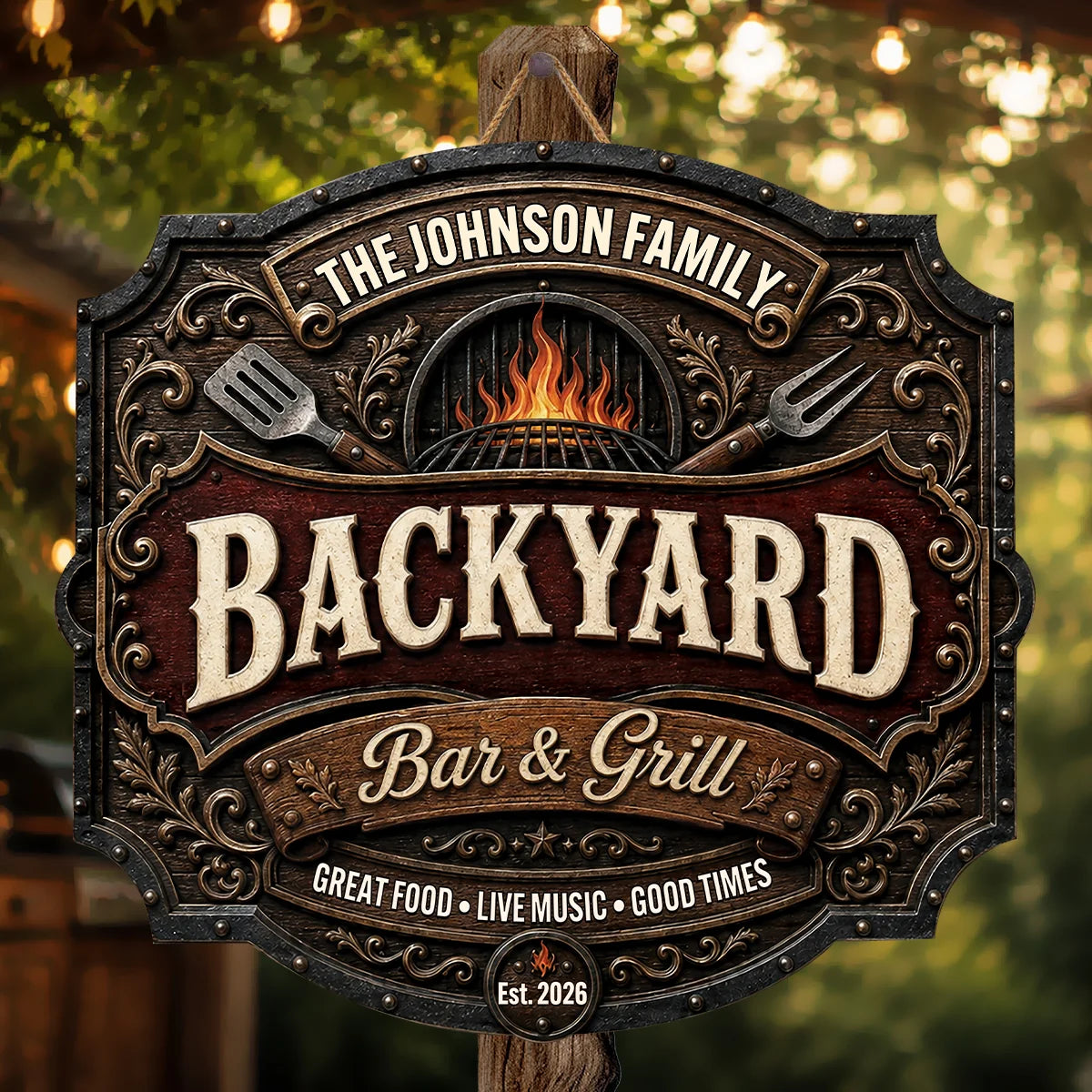 Backyard Bar and Grill Great Food Live Music Good Times - Personalized Wood Sign Decor for Family
