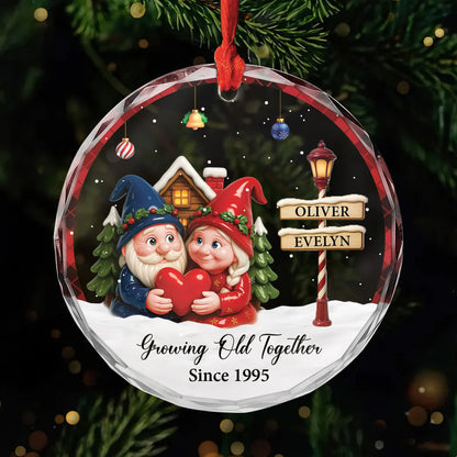 Growing Old Together Personalized Glass Ornament - Custom Christmas Gnome Keepsake for Couples